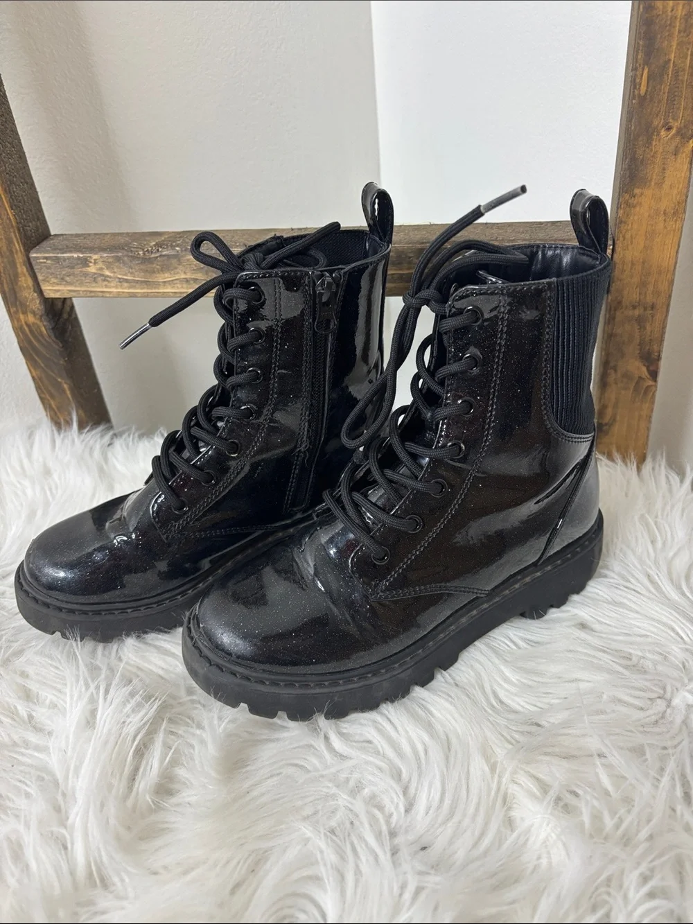 art class Black Patent Glitter Lace-Up Platform Boots Size 3
